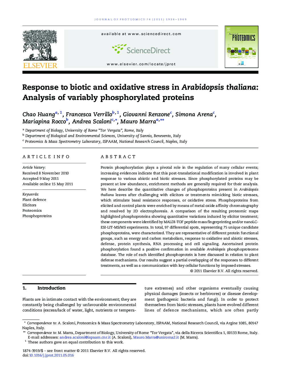 Response to biotic and oxidative stress in Arabidopsis thaliana: Analysis of variably phosphorylated proteins