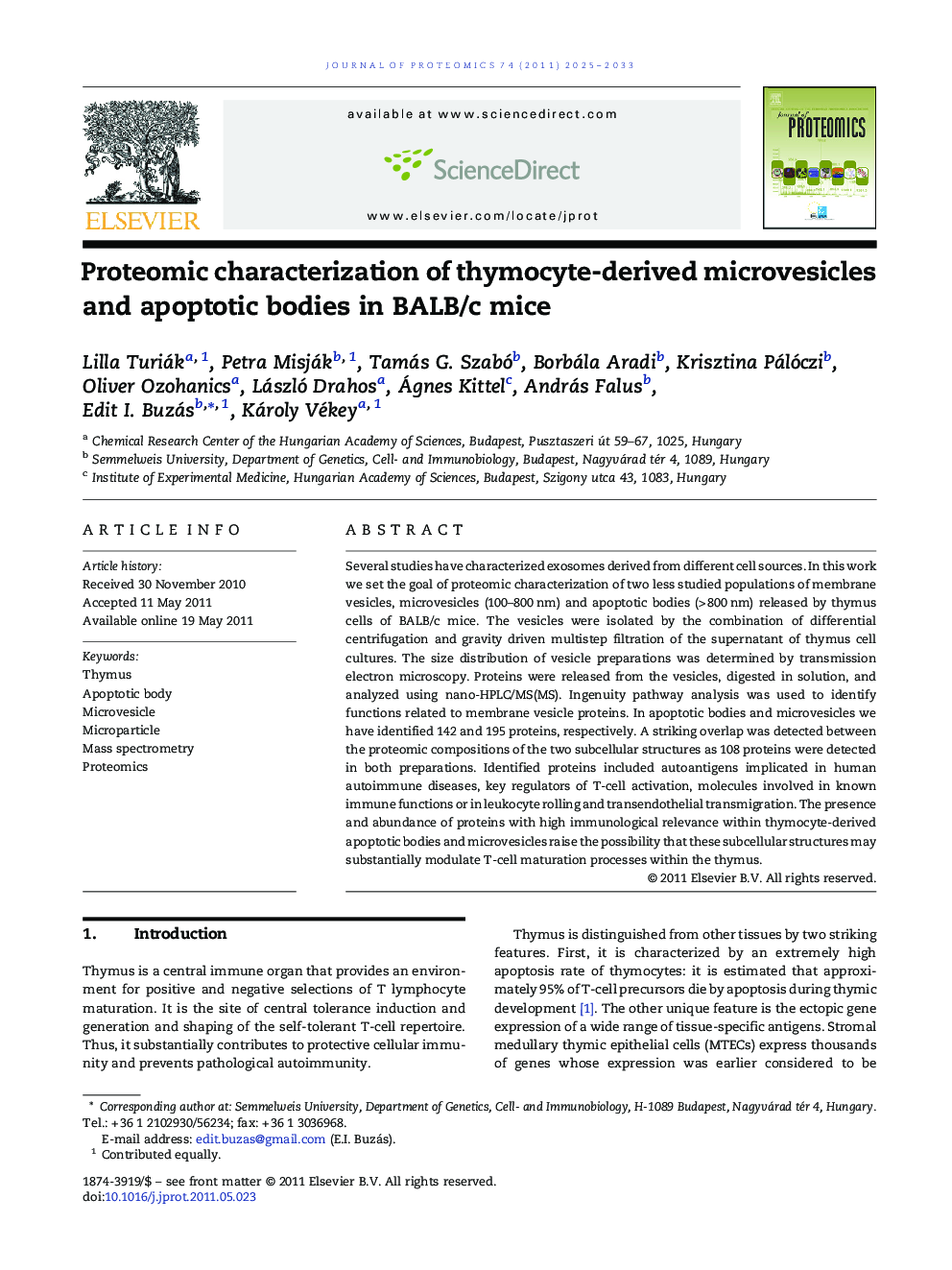 Proteomic characterization of thymocyte-derived microvesicles and apoptotic bodies in BALB/c mice