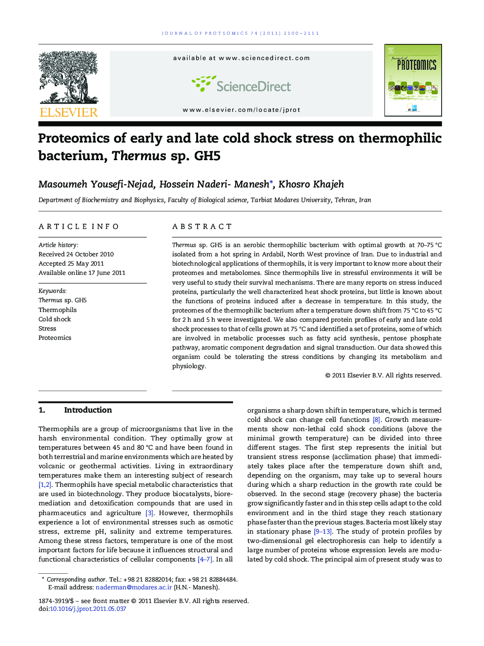 Proteomics of early and late cold shock stress on thermophilic bacterium, Thermus sp. GH5