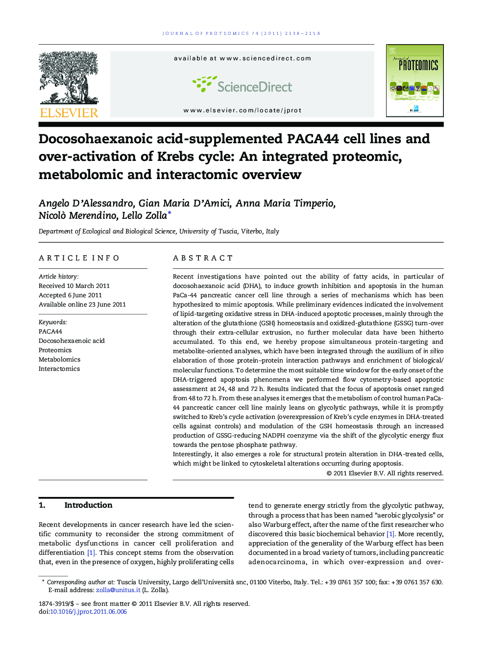 Docosohaexanoic acid-supplemented PACA44 cell lines and over-activation of Krebs cycle: An integrated proteomic, metabolomic and interactomic overview