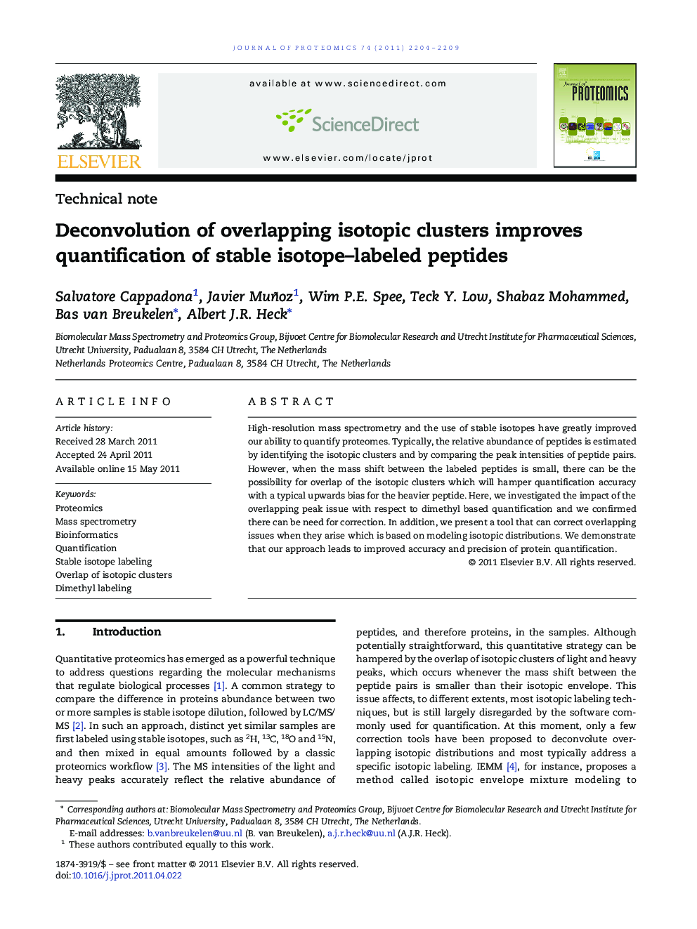 Deconvolution of overlapping isotopic clusters improves quantification of stable isotope-labeled peptides