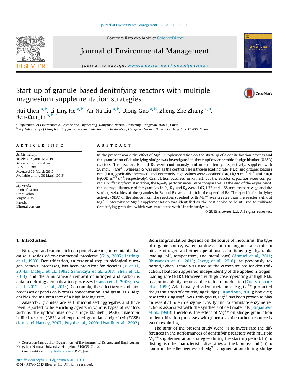 Start-up of granule-based denitrifying reactors with multiple magnesium supplementation strategies