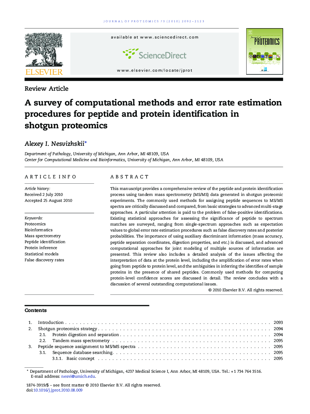 A survey of computational methods and error rate estimation procedures for peptide and protein identification in shotgun proteomics