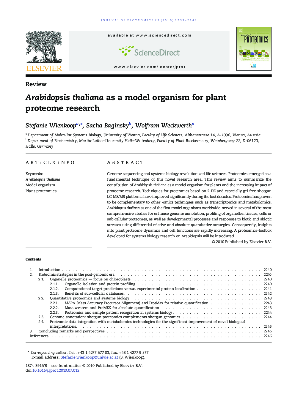 Arabidopsis thaliana as a model organism for plant proteome research