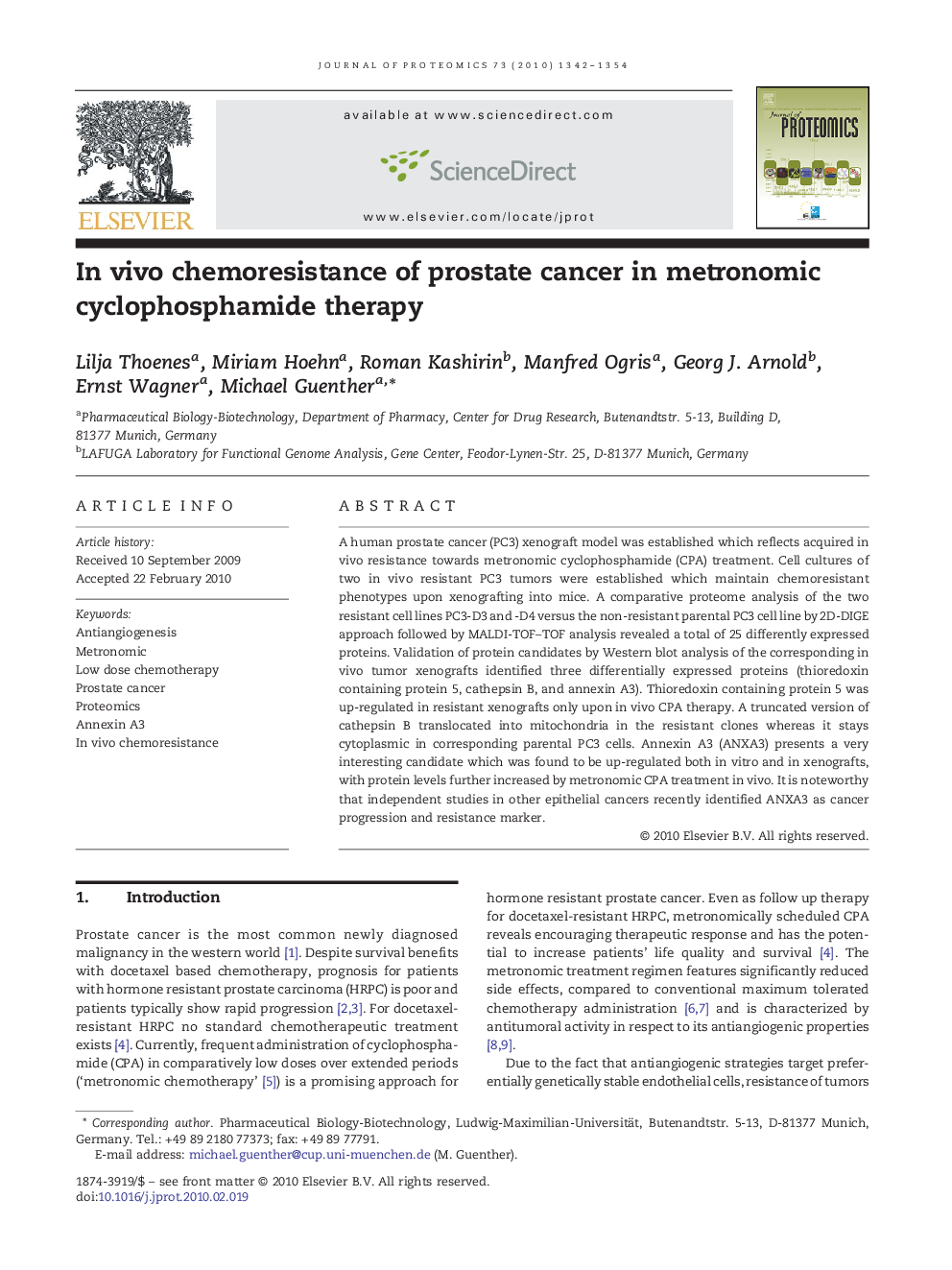 In vivo chemoresistance of prostate cancer in metronomic cyclophosphamide therapy