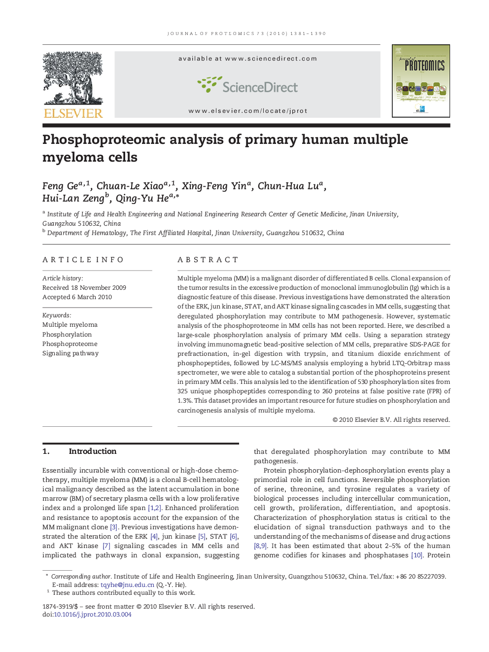 Phosphoproteomic analysis of primary human multiple myeloma cells