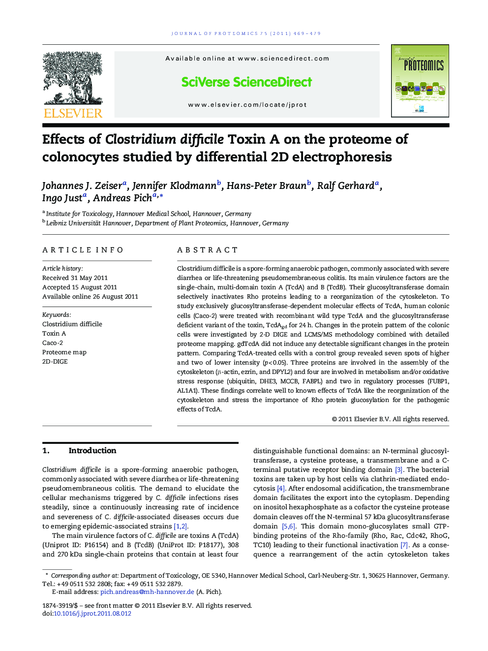 Effects of Clostridium difficile Toxin A on the proteome of colonocytes studied by differential 2D electrophoresis