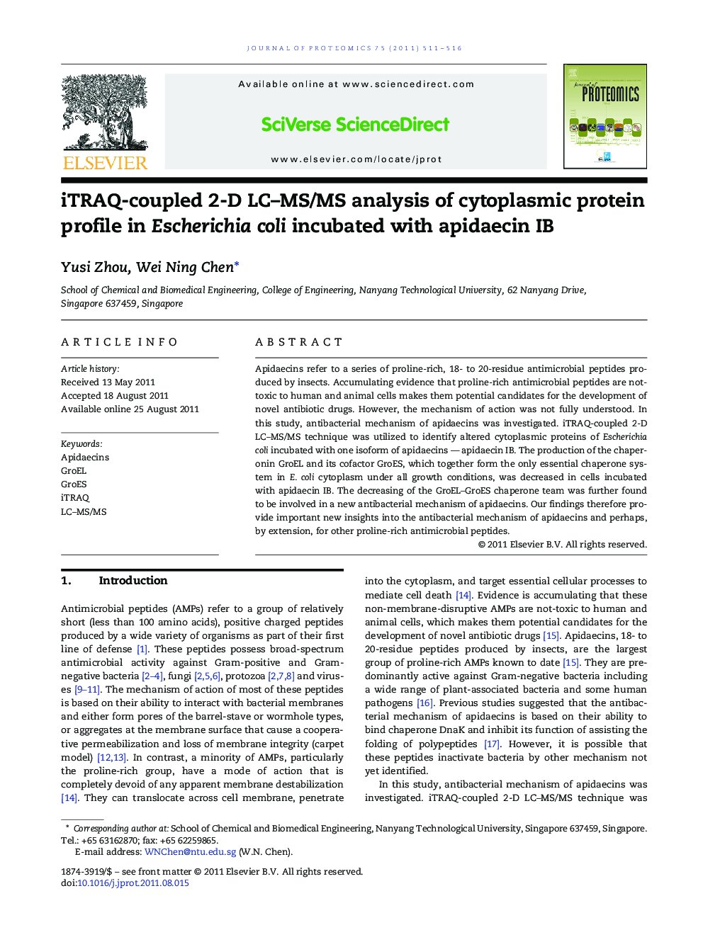 iTRAQ-coupled 2-D LC-MS/MS analysis of cytoplasmic protein profile in Escherichia coli incubated with apidaecin IB