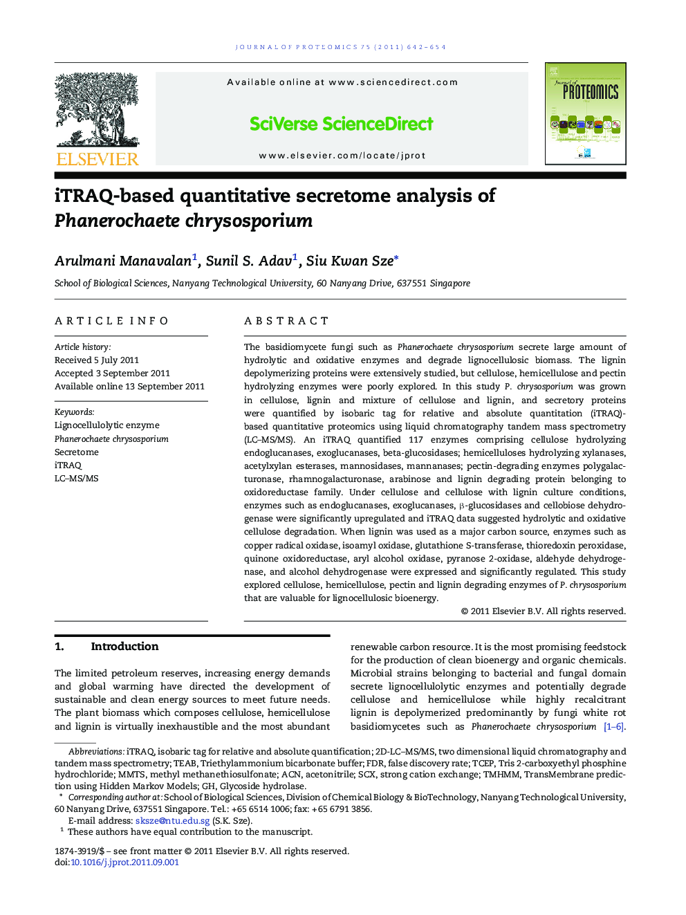 iTRAQ-based quantitative secretome analysis of Phanerochaete chrysosporium