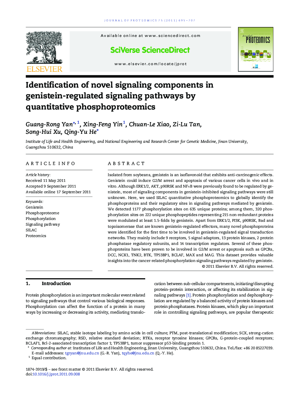 Identification of novel signaling components in genistein-regulated signaling pathways by quantitative phosphoproteomics