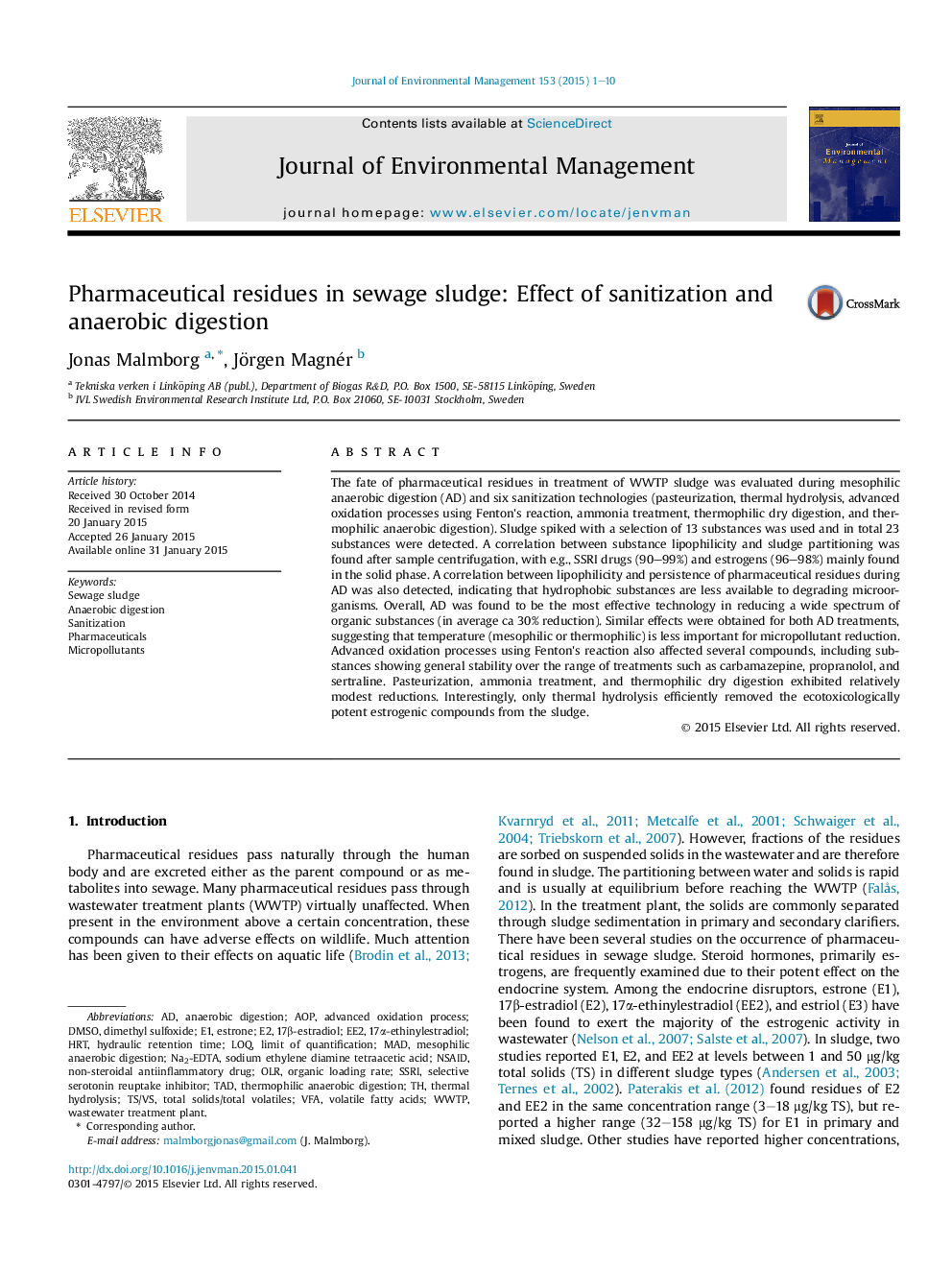 Pharmaceutical residues in sewage sludge: Effect of sanitization and anaerobic digestion