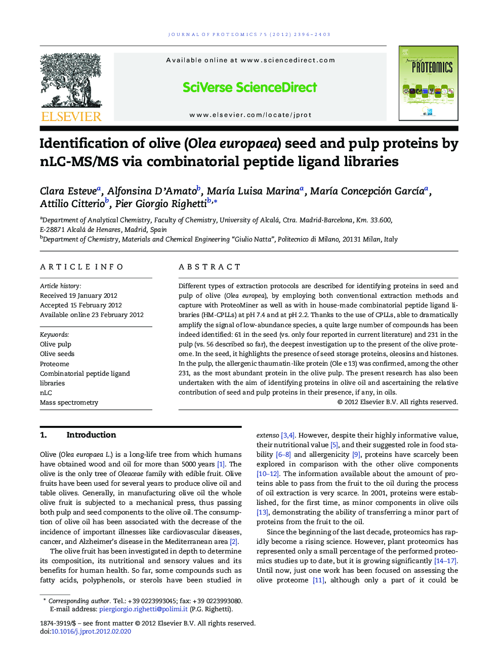 Identification of olive (Olea europaea) seed and pulp proteins by nLC-MS/MS via combinatorial peptide ligand libraries