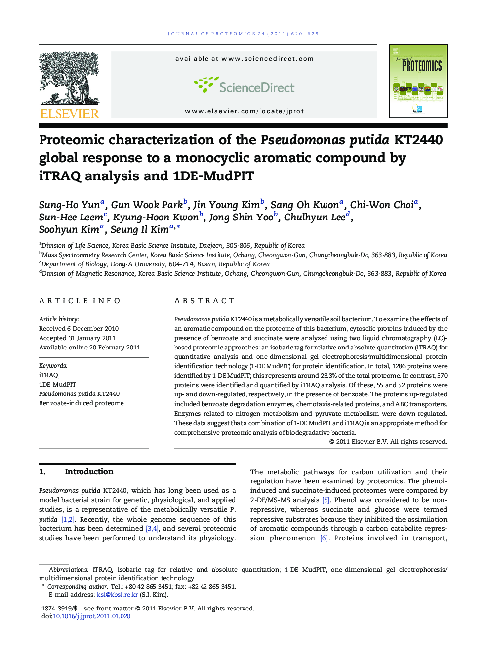 Proteomic characterization of the Pseudomonas putida KT2440 global response to a monocyclic aromatic compound by iTRAQ analysis and 1DE-MudPIT