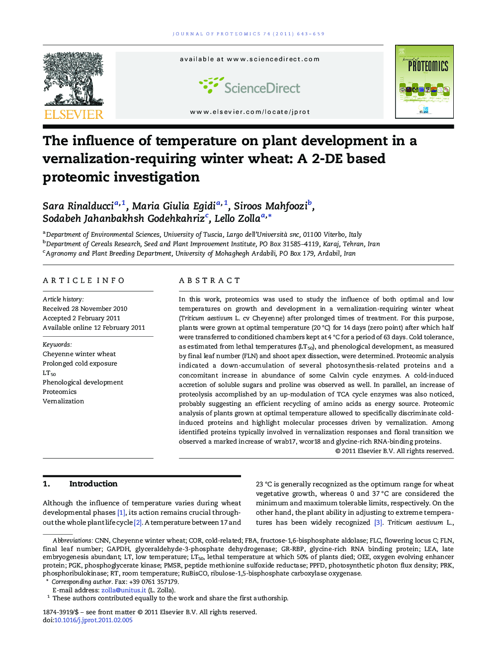 عکس صفحه اول مقاله: The influence of temperature on plant development in a vernalization-requiring winter wheat: A 2-DE based proteomic investigation The influence of temperature on plant development in a vernalization-requiring winter wheat: A 2-DE based proteomic investigation