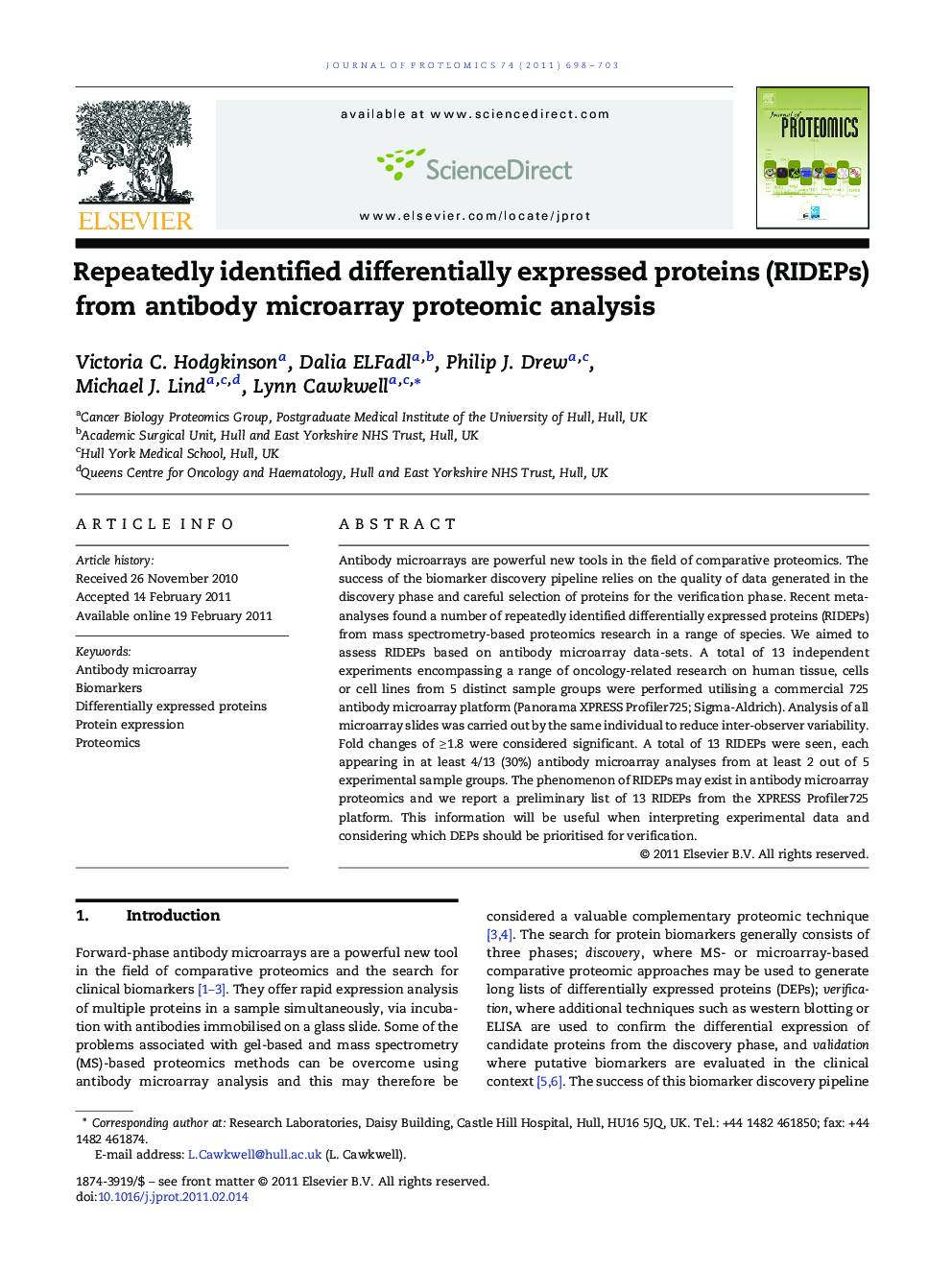 Repeatedly identified differentially expressed proteins (RIDEPs) from antibody microarray proteomic analysis