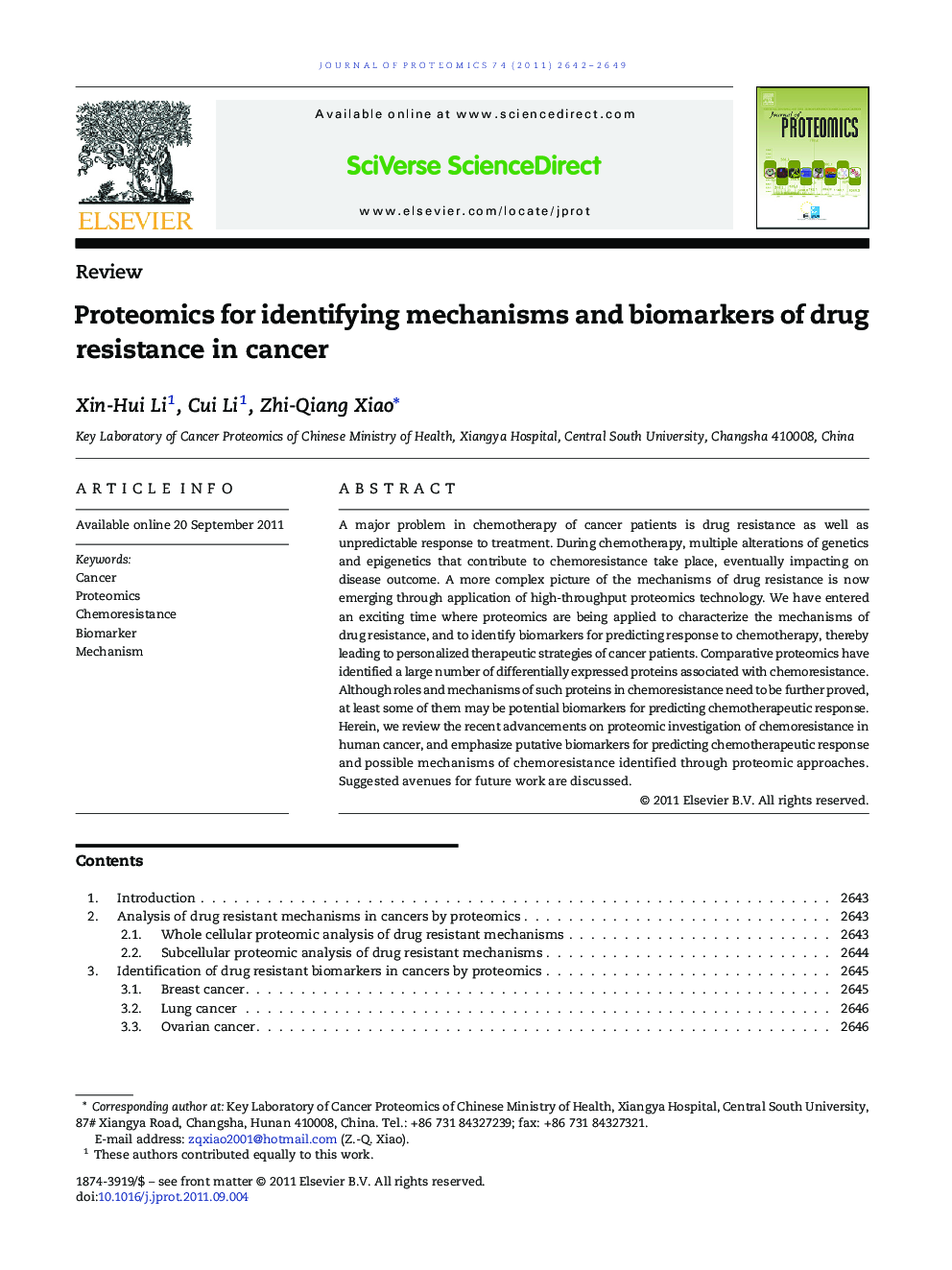 Proteomics for identifying mechanisms and biomarkers of drug resistance in cancer