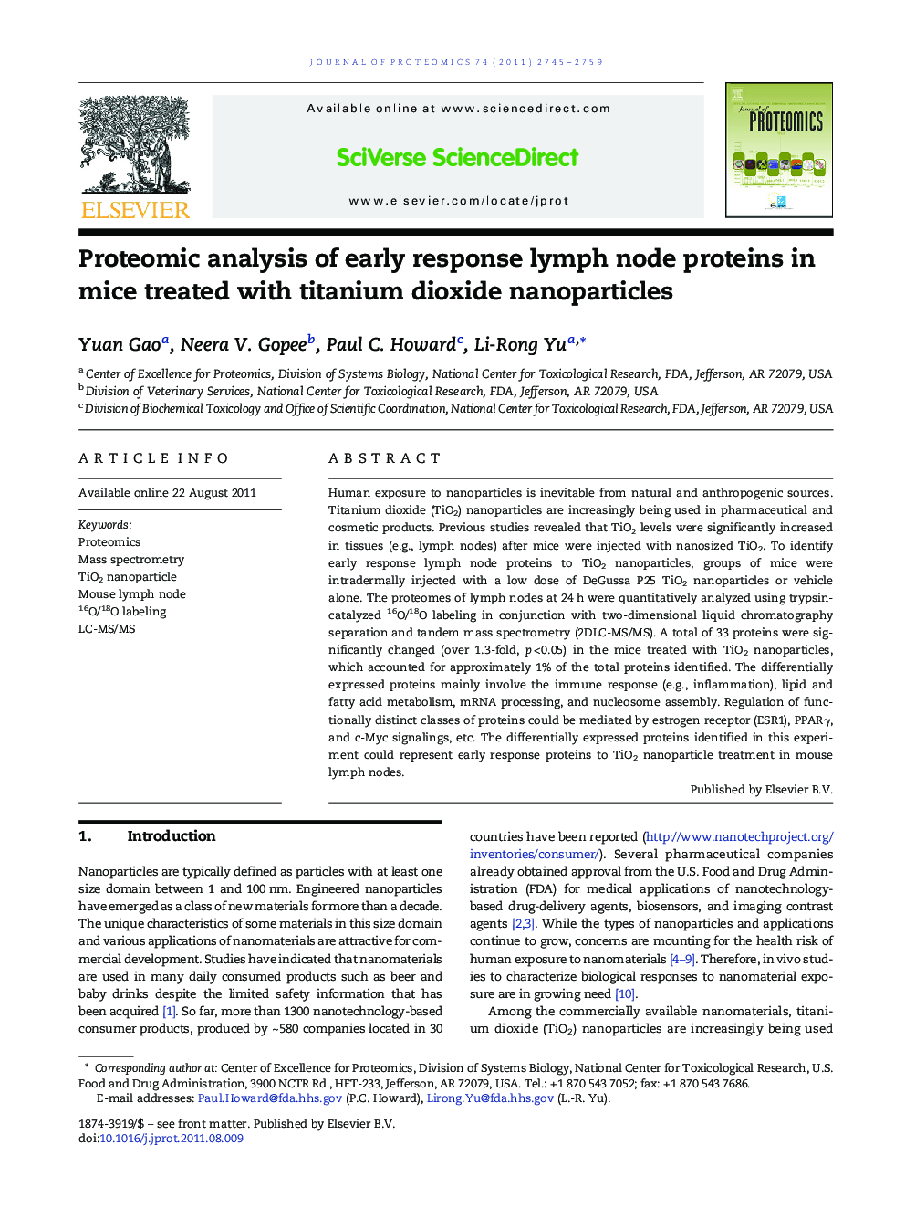 Proteomic analysis of early response lymph node proteins in mice treated with titanium dioxide nanoparticles