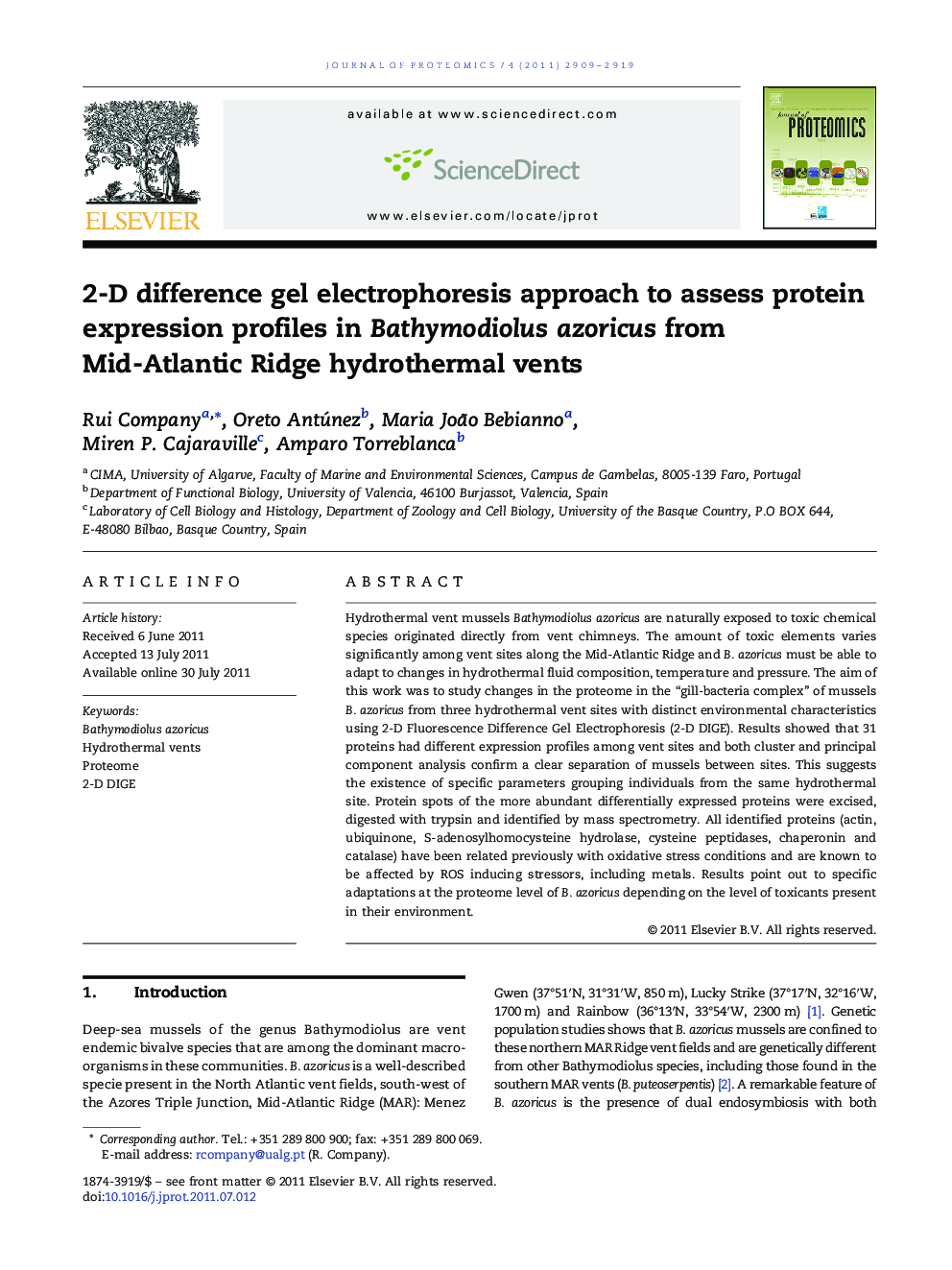 2-D difference gel electrophoresis approach to assess protein expression profiles in Bathymodiolus azoricus from Mid-Atlantic Ridge hydrothermal vents