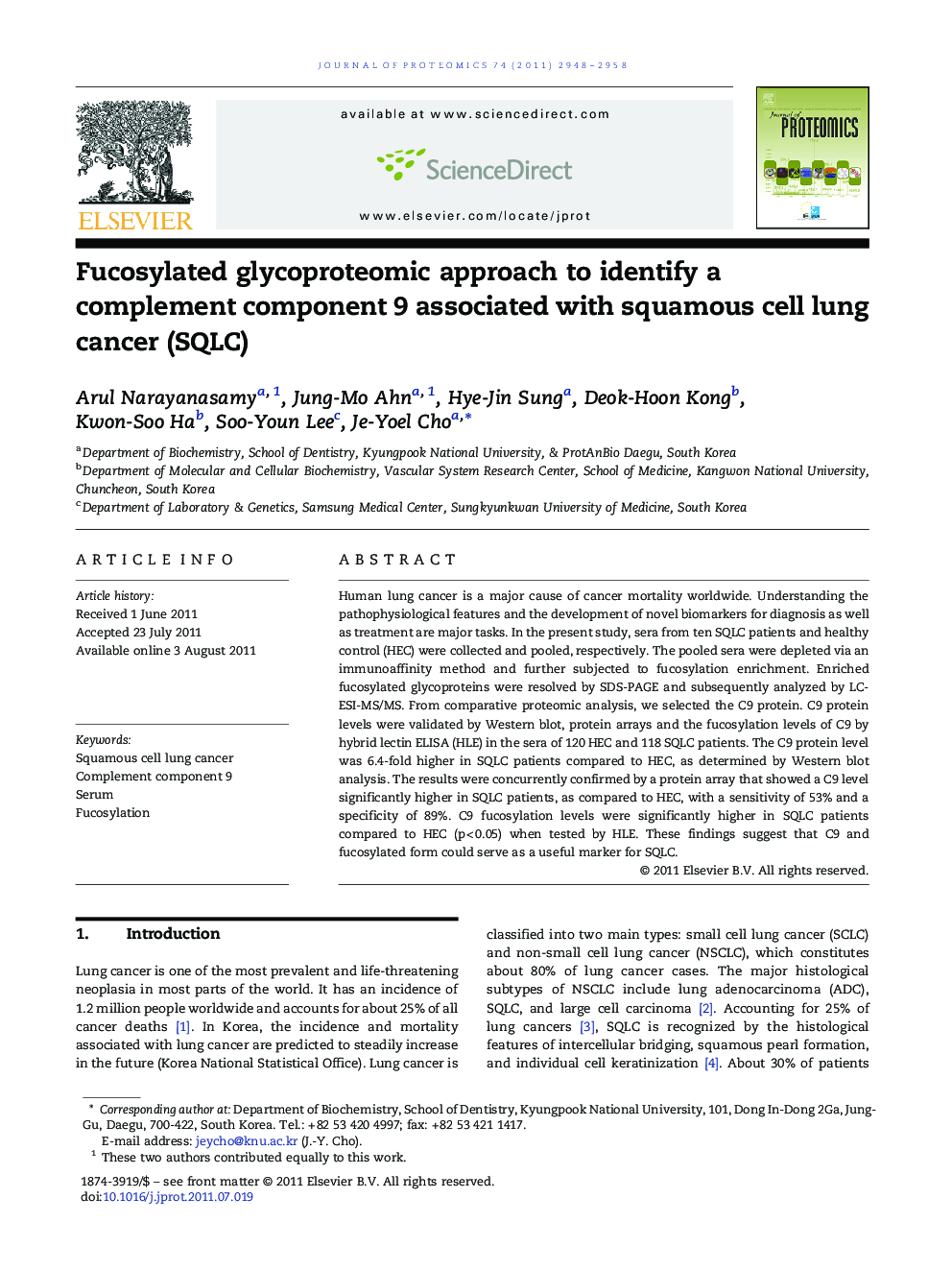 Fucosylated glycoproteomic approach to identify a complement component 9 associated with squamous cell lung cancer (SQLC)