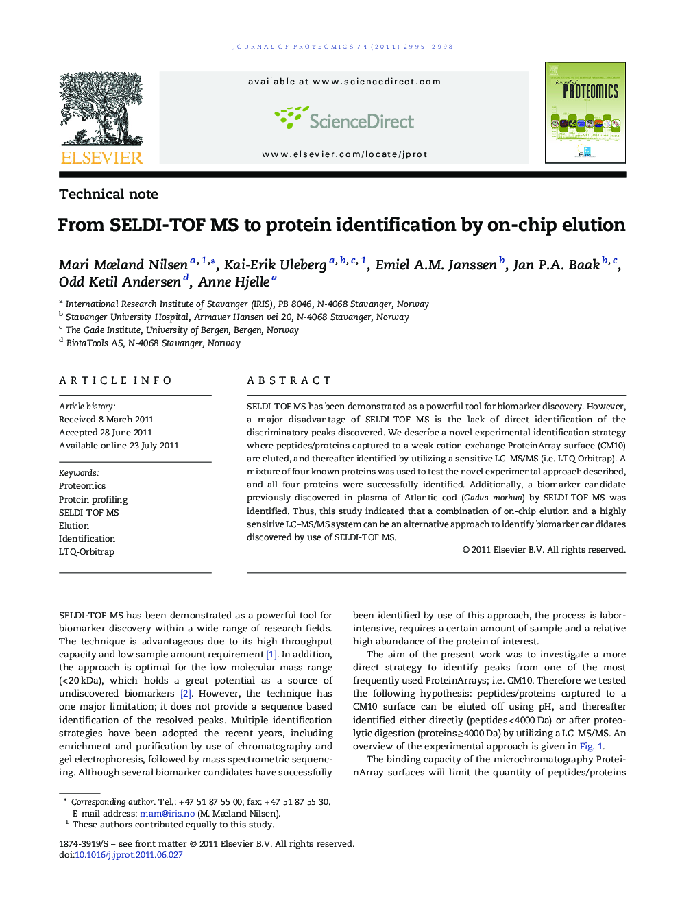 From SELDI-TOF MS to protein identification by on-chip elution