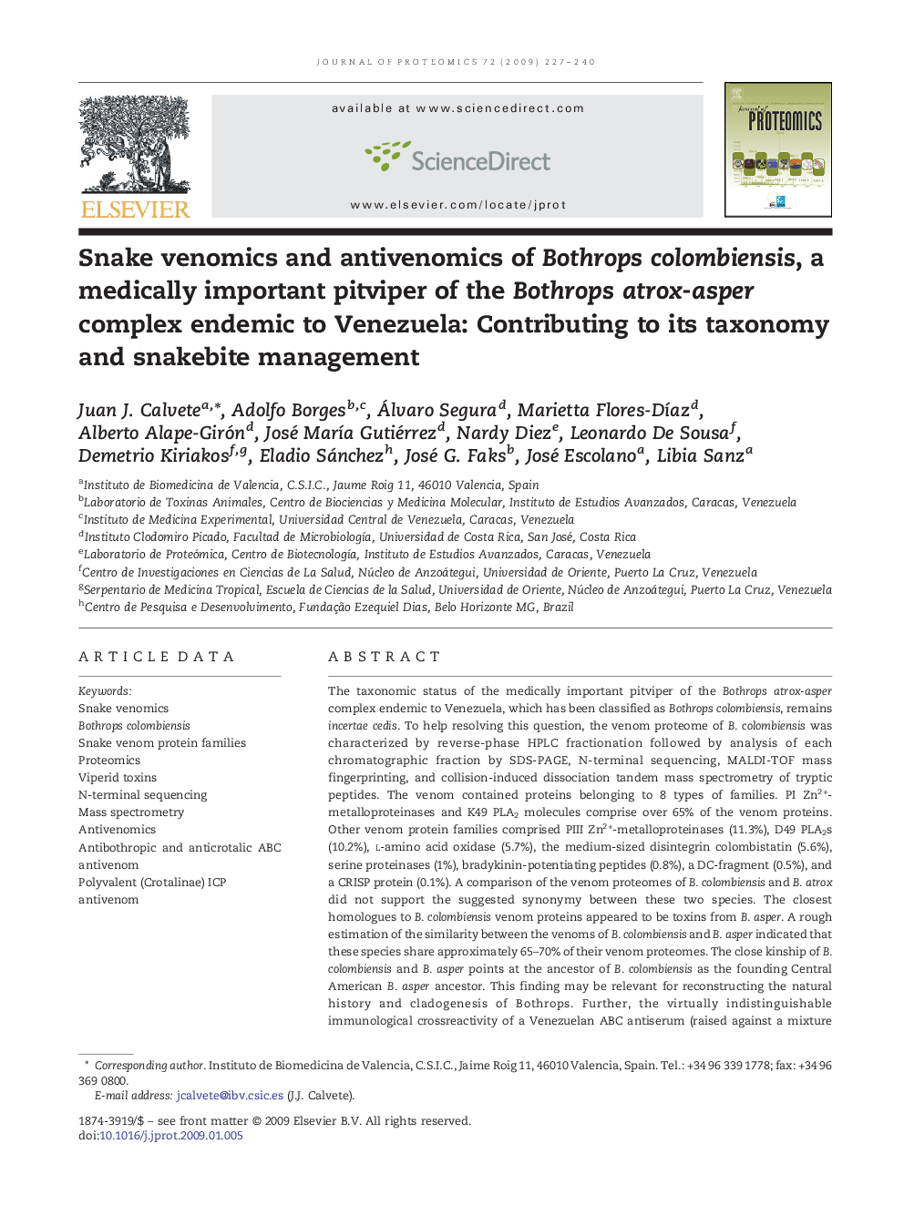 Snake venomics and antivenomics of Bothrops colombiensis, a medically important pitviper of the Bothrops atrox-asper complex endemic to Venezuela: Contributing to its taxonomy and snakebite management