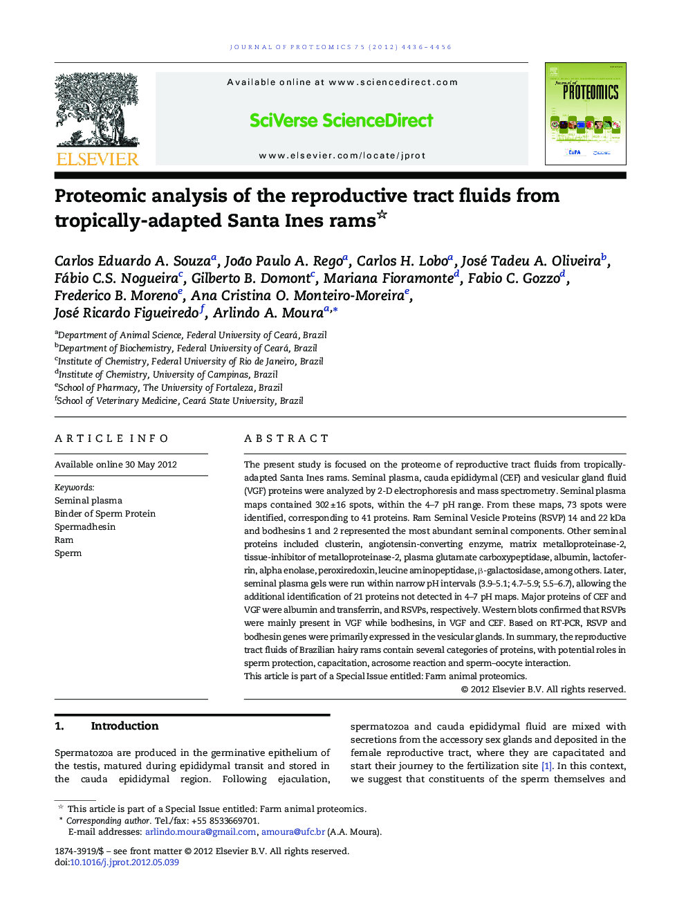 Proteomic analysis of the reproductive tract fluids from tropically-adapted Santa Ines rams