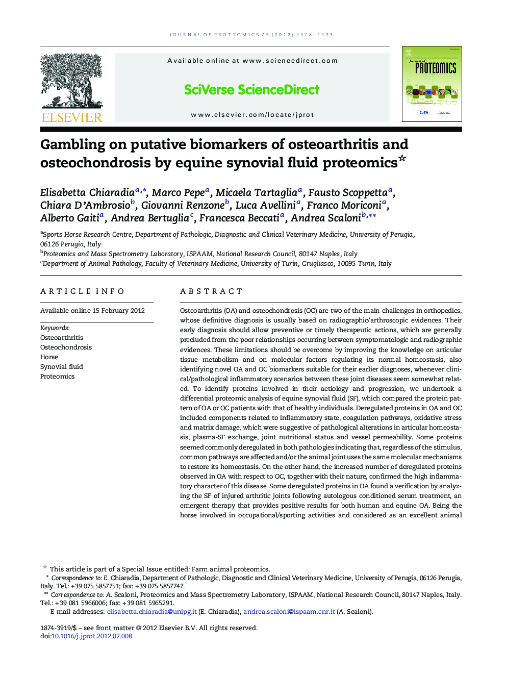 Gambling on putative biomarkers of osteoarthritis and osteochondrosis by equine synovial fluid proteomics