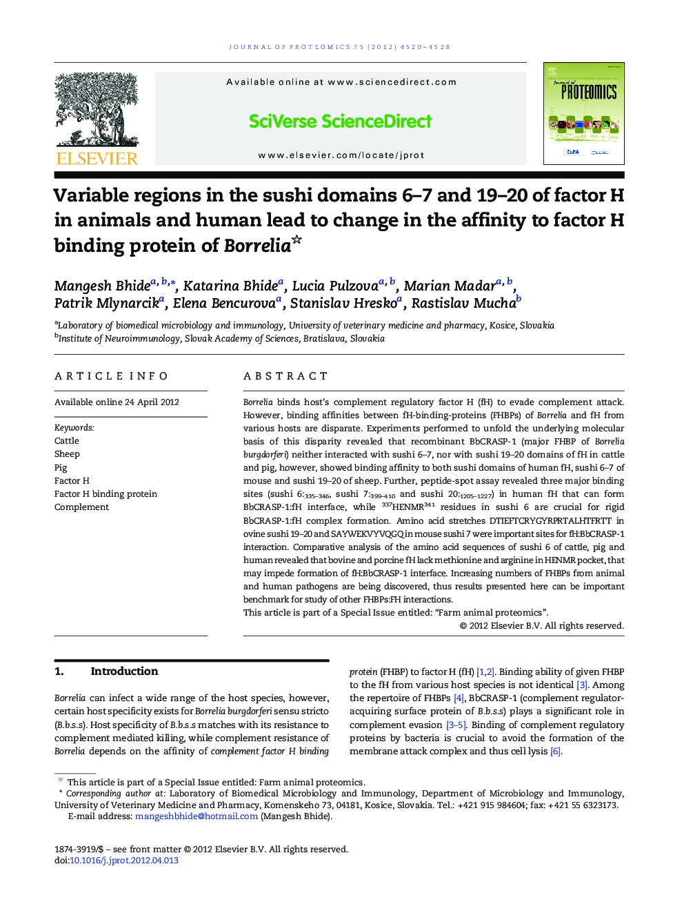 Variable regions in the sushi domains 6-7 and 19-20 of factor H in animals and human lead to change in the affinity to factor H binding protein of Borrelia