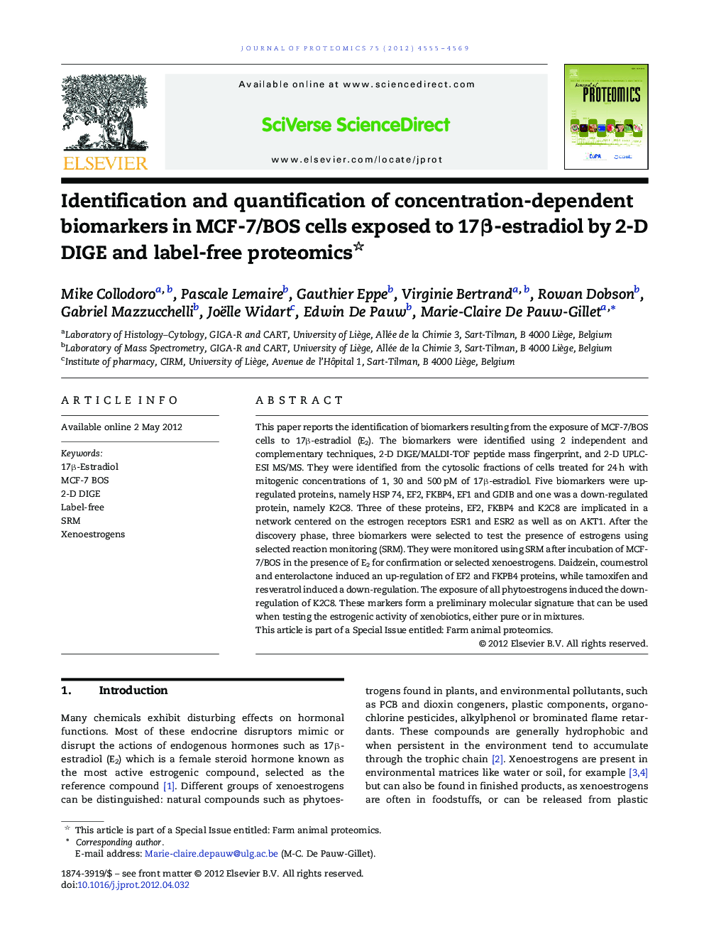 Identification and quantification of concentration-dependent biomarkers in MCF-7/BOS cells exposed to 17Î²-estradiol by 2-D DIGE and label-free proteomics