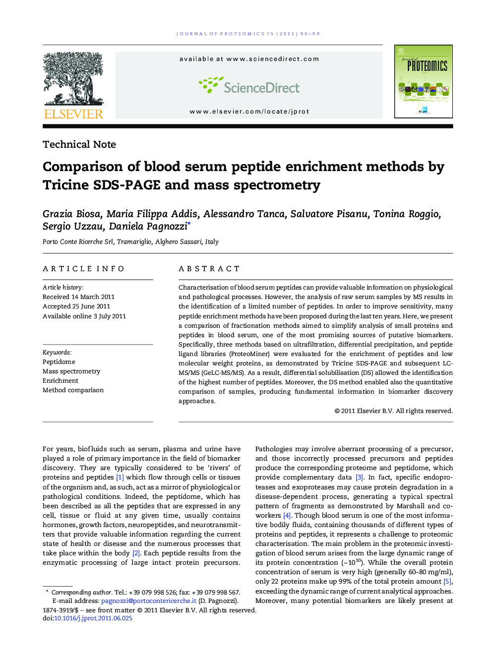 Comparison of blood serum peptide enrichment methods by Tricine SDS-PAGE and mass spectrometry