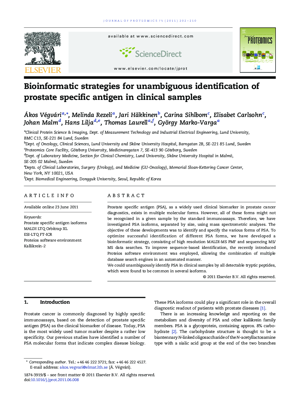 Bioinformatic strategies for unambiguous identification of prostate specific antigen in clinical samples