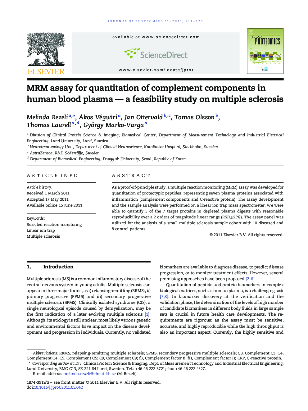 MRM assay for quantitation of complement components in human blood plasma - a feasibility study on multiple sclerosis