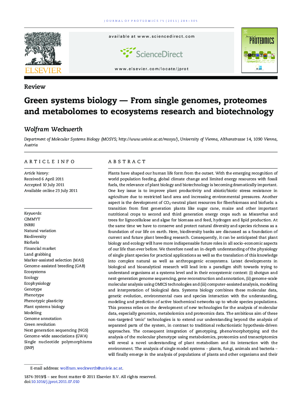 Green systems biology - From single genomes, proteomes and metabolomes to ecosystems research and biotechnology