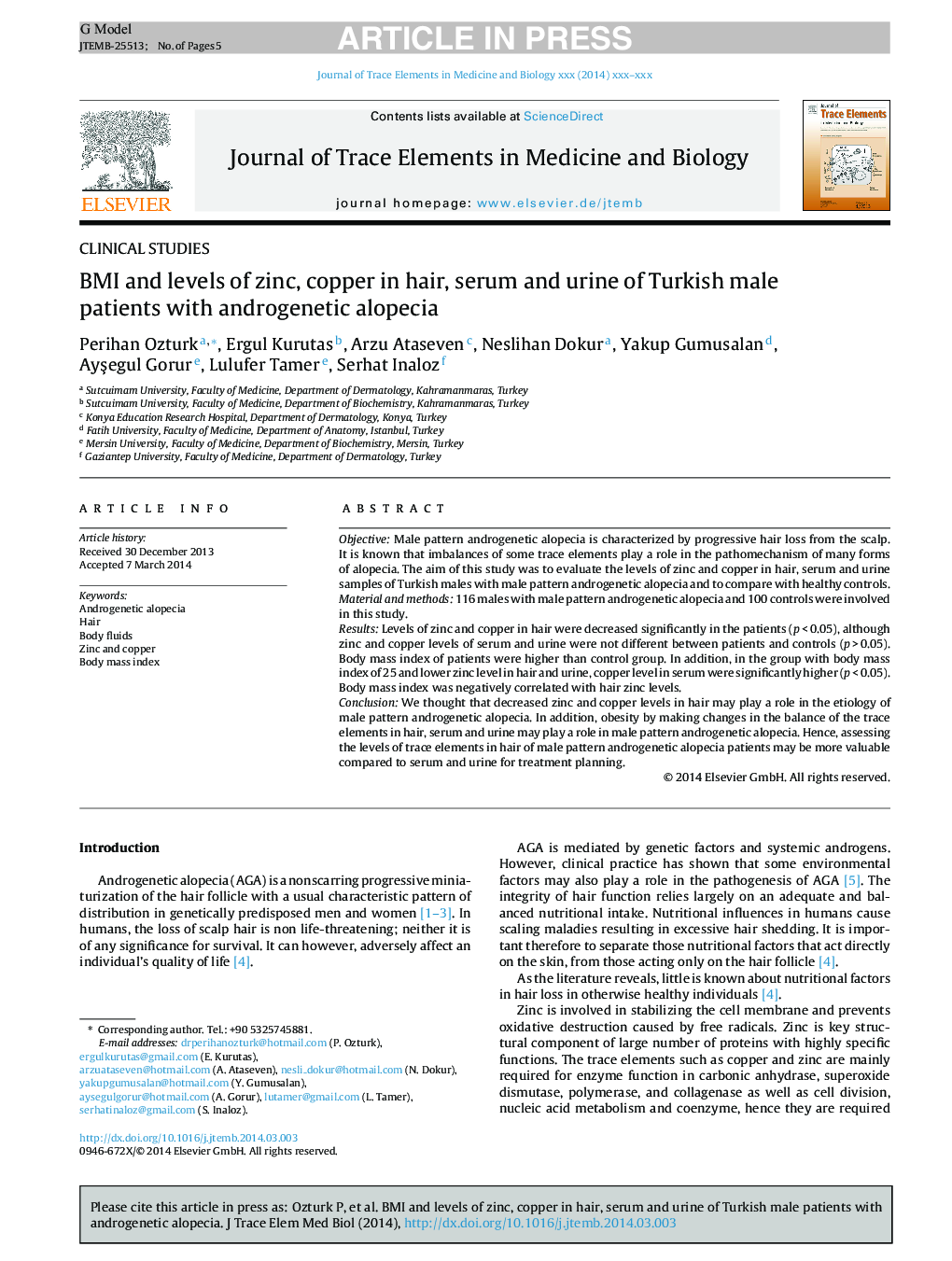 BMI and levels of zinc, copper in hair, serum and urine of Turkish male patients with androgenetic alopecia