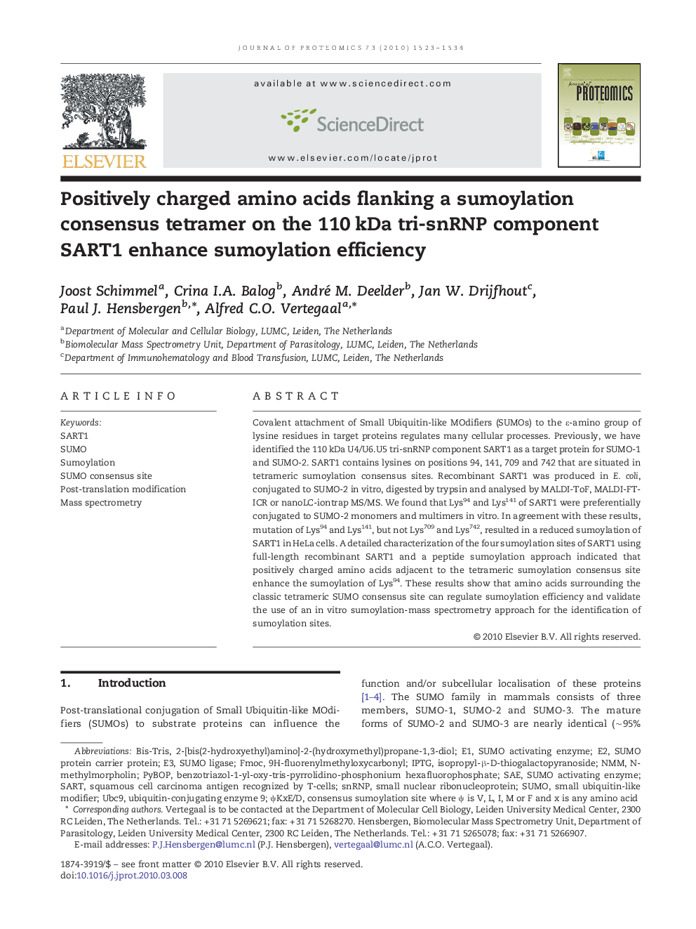 Positively charged amino acids flanking a sumoylation consensus tetramer on the 110Â kDa tri-snRNP component SART1 enhance sumoylation efficiency