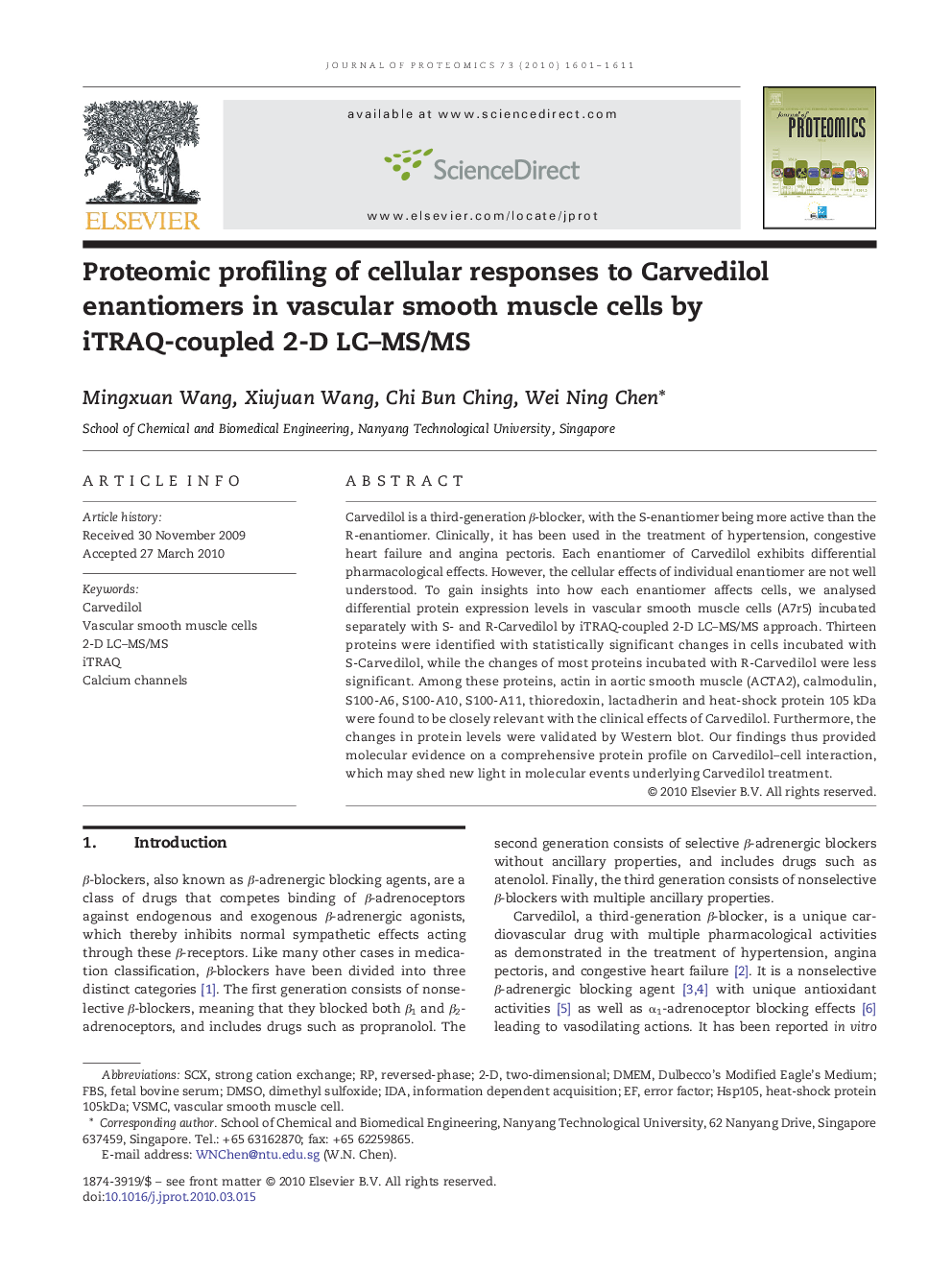 Proteomic profiling of cellular responses to Carvedilol enantiomers in vascular smooth muscle cells by iTRAQ-coupled 2-D LC-MS/MS