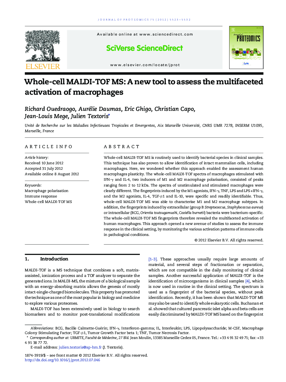 Whole-cell MALDI-TOF MS: A new tool to assess the multifaceted activation of macrophages