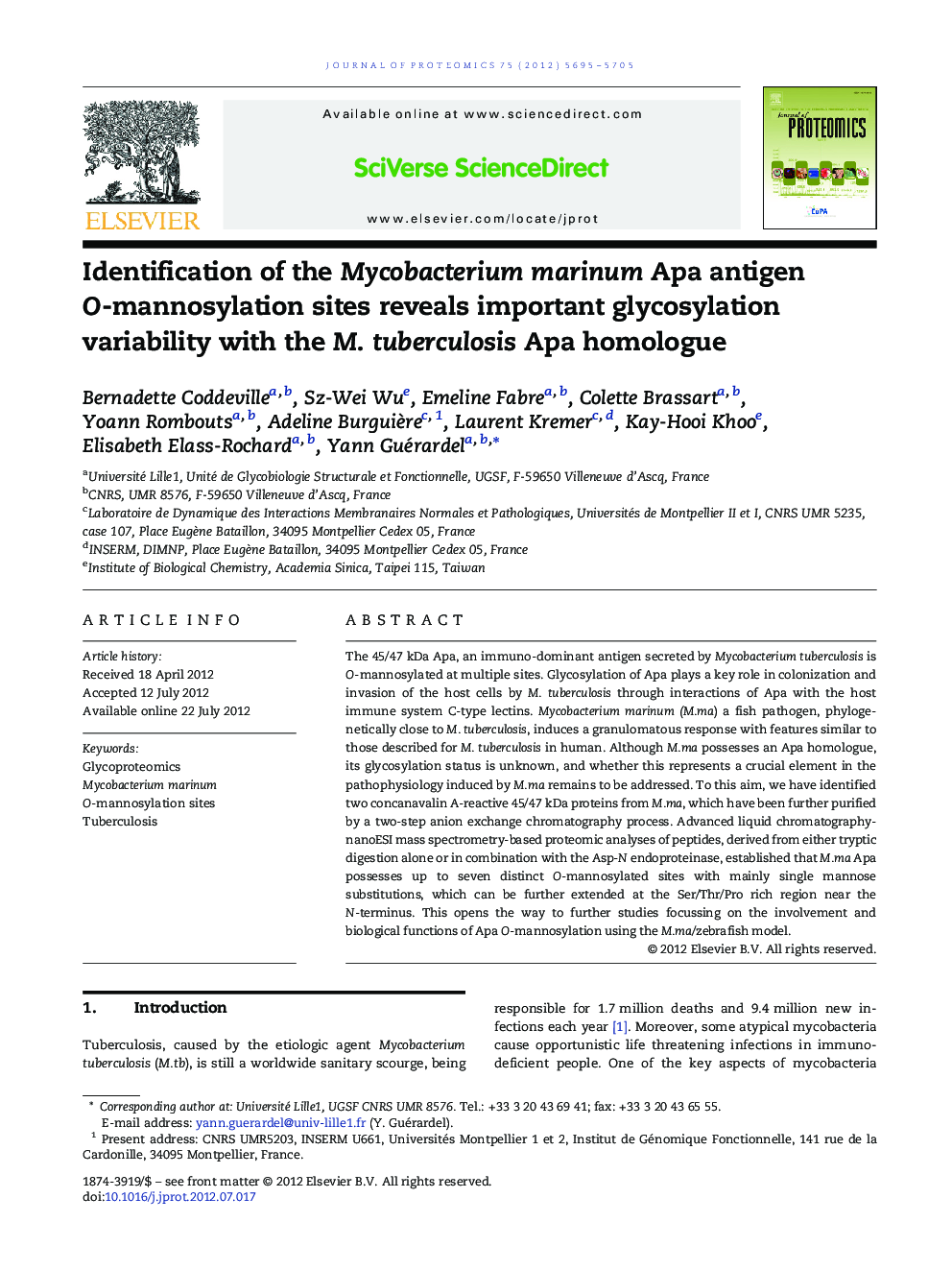 Identification of the Mycobacterium marinum Apa antigen O-mannosylation sites reveals important glycosylation variability with the M. tuberculosis Apa homologue