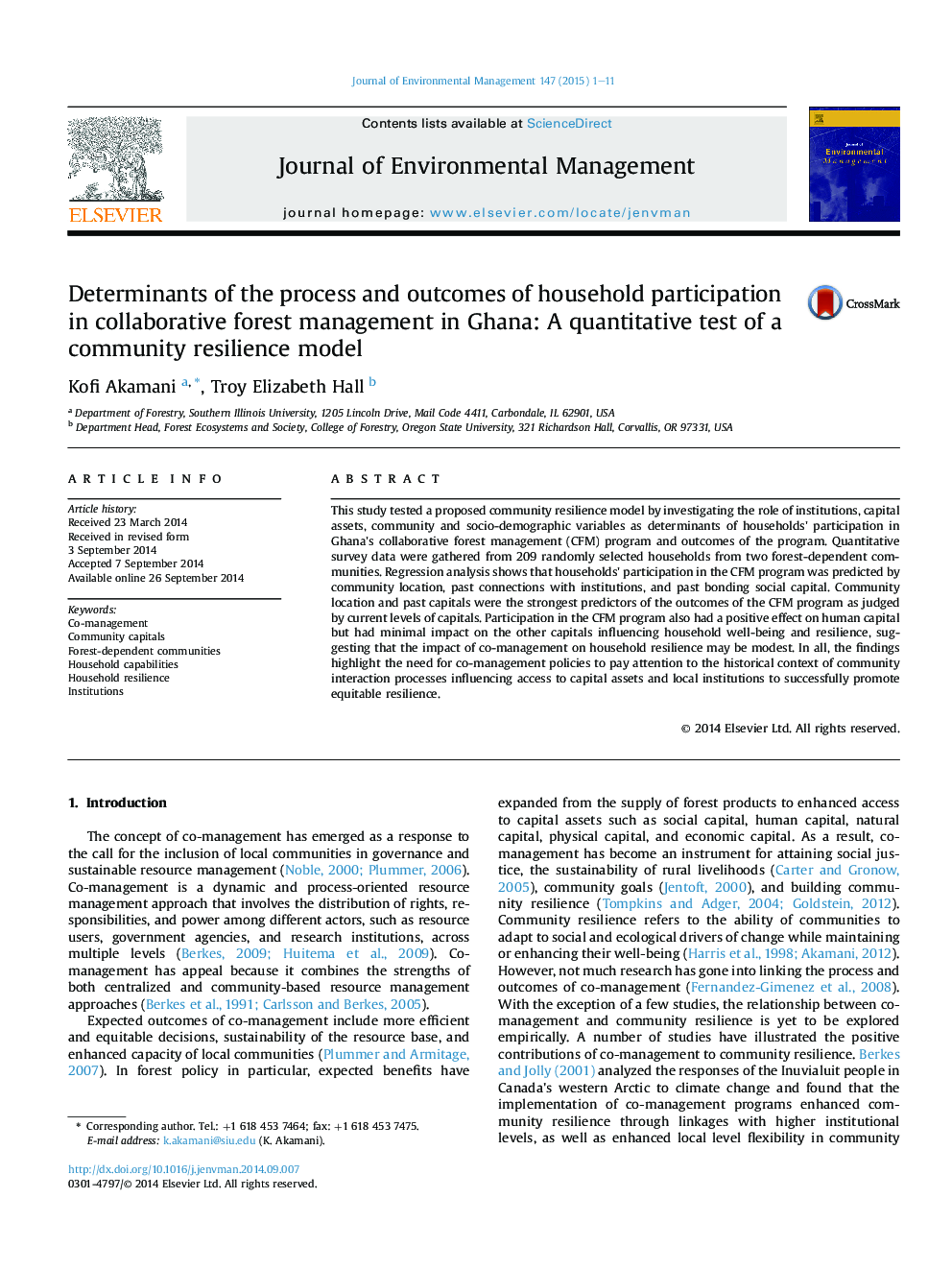 Determinants of the process and outcomes of household participation in collaborative forest management in Ghana: A quantitative test of a community resilience model