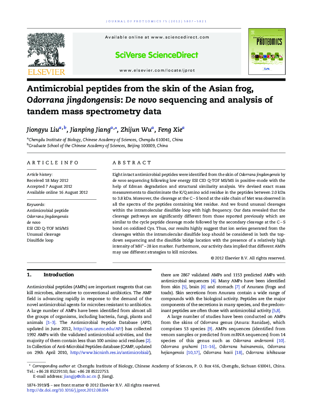 Antimicrobial peptides from the skin of the Asian frog, Odorrana jingdongensis: De novo sequencing and analysis of tandem mass spectrometry data