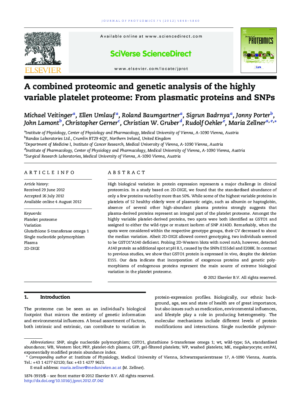 A combined proteomic and genetic analysis of the highly variable platelet proteome: From plasmatic proteins and SNPs