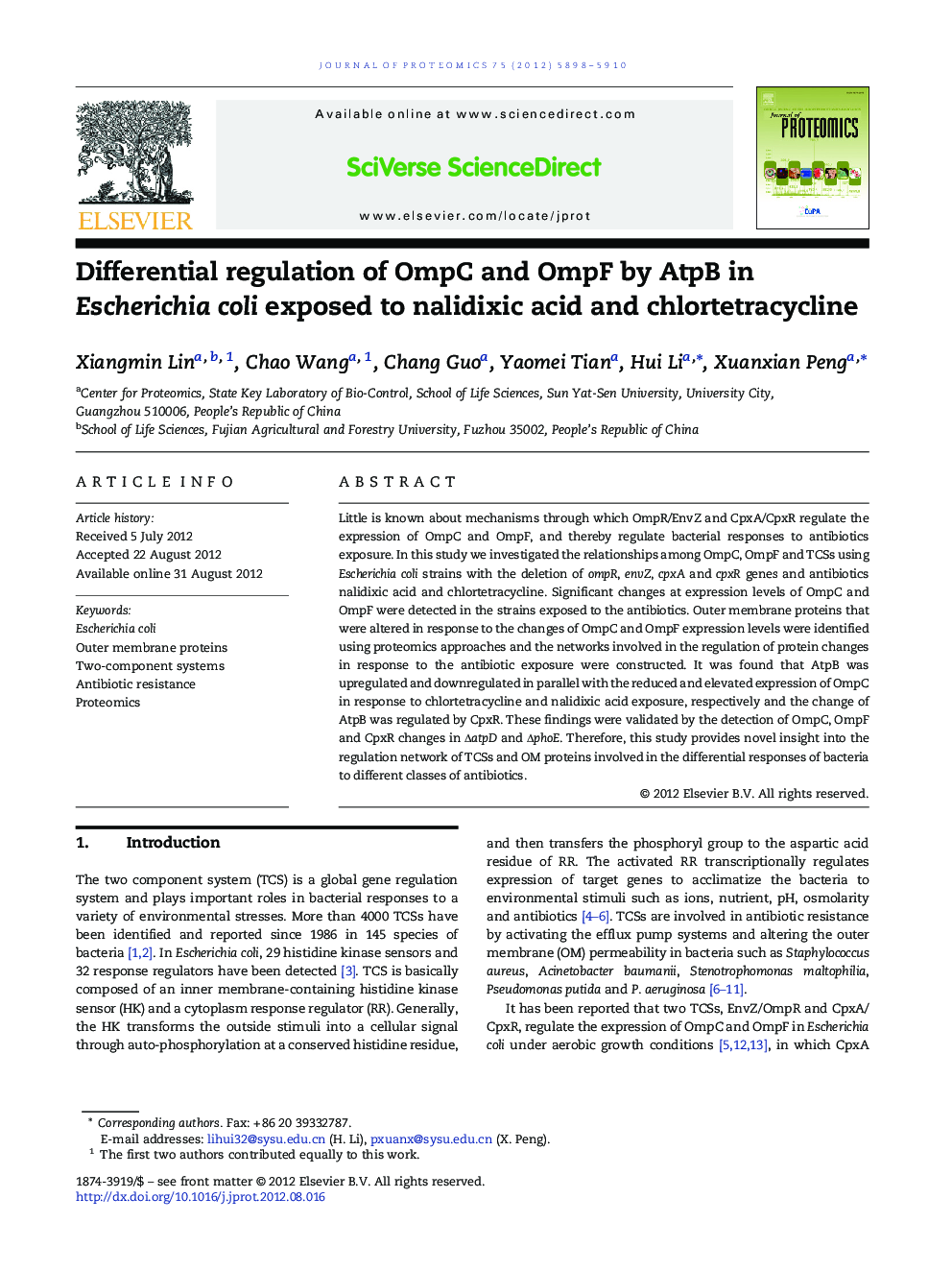 Differential regulation of OmpC and OmpF by AtpB in Escherichia coli exposed to nalidixic acid and chlortetracycline