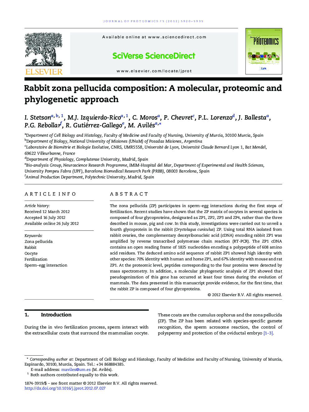 Rabbit zona pellucida composition: A molecular, proteomic and phylogenetic approach