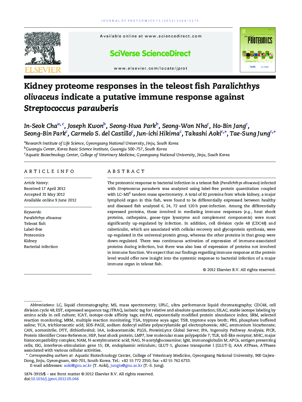 Kidney proteome responses in the teleost fish Paralichthys olivaceus indicate a putative immune response against Streptococcus parauberis