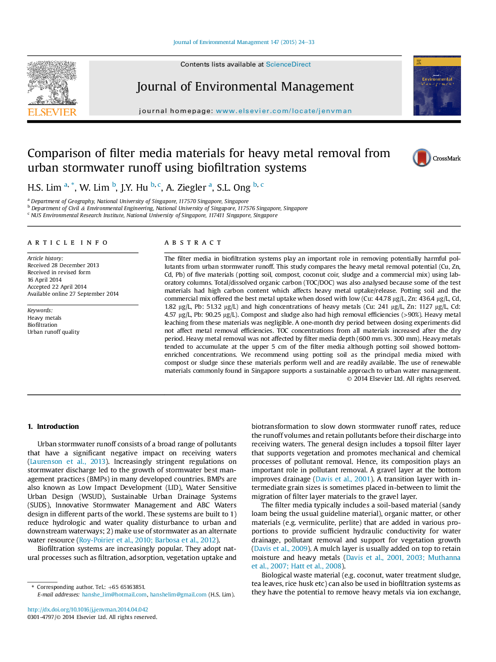 Comparison of filter media materials for heavy metal removal from urban stormwater runoff using biofiltration systems