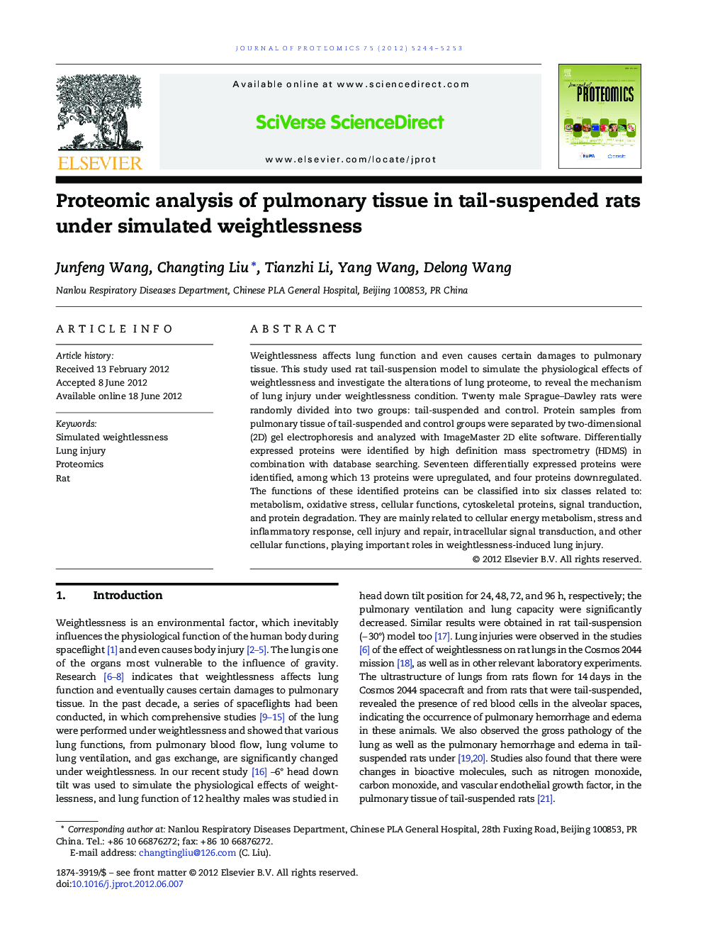 Proteomic analysis of pulmonary tissue in tail-suspended rats under simulated weightlessness