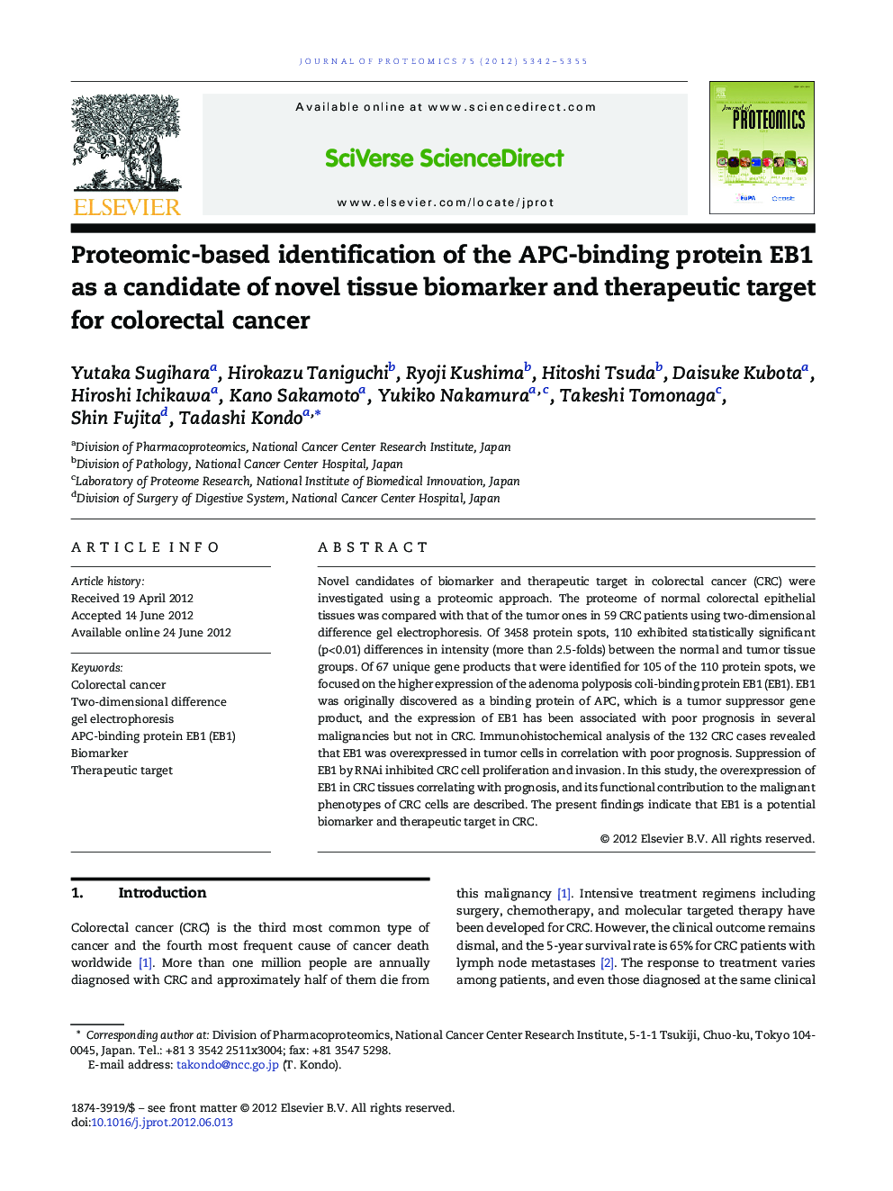 Proteomic-based identification of the APC-binding protein EB1 as a candidate of novel tissue biomarker and therapeutic target for colorectal cancer