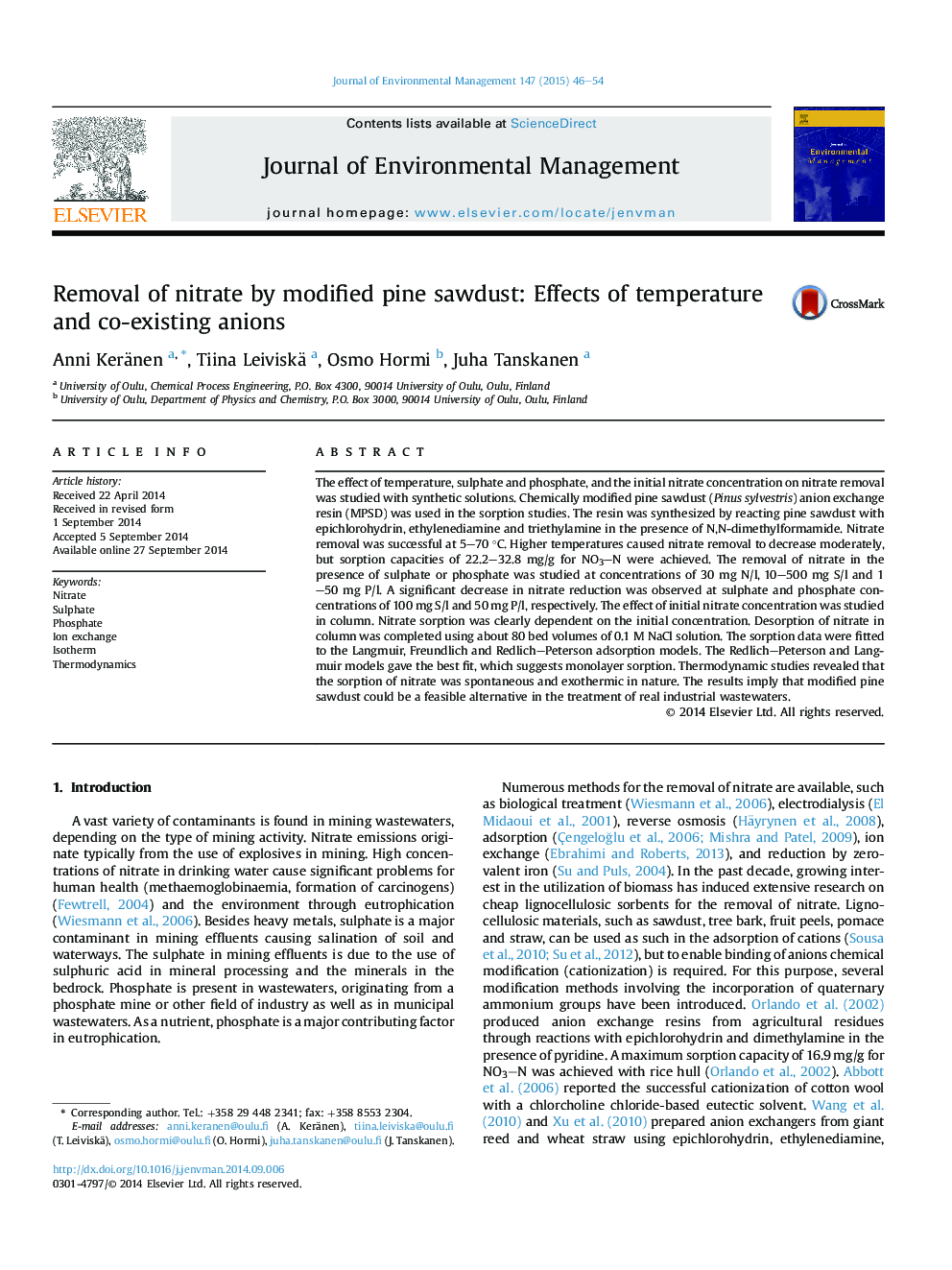 Removal of nitrate by modified pine sawdust: Effects of temperature and co-existing anions