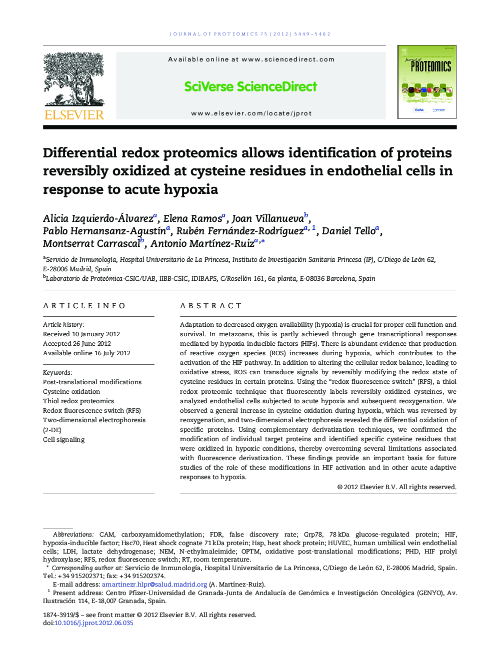 Differential redox proteomics allows identification of proteins reversibly oxidized at cysteine residues in endothelial cells in response to acute hypoxia
