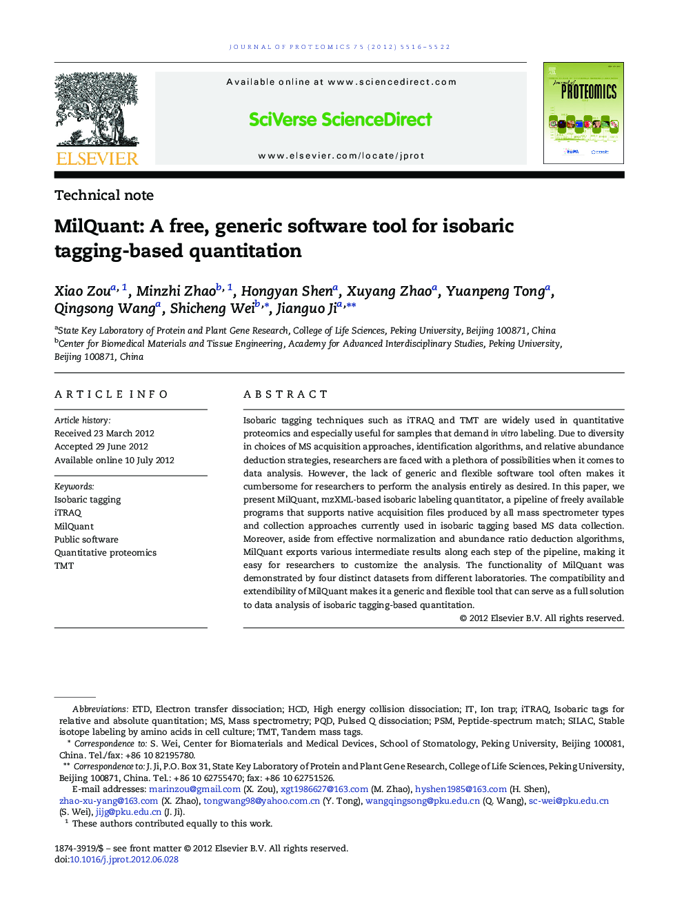 MilQuant: A free, generic software tool for isobaric tagging-based quantitation